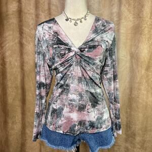 Vintage Y2K Top Ruched Wrap Twist Multicolor Metallic Long Sleeve V Neck Indie